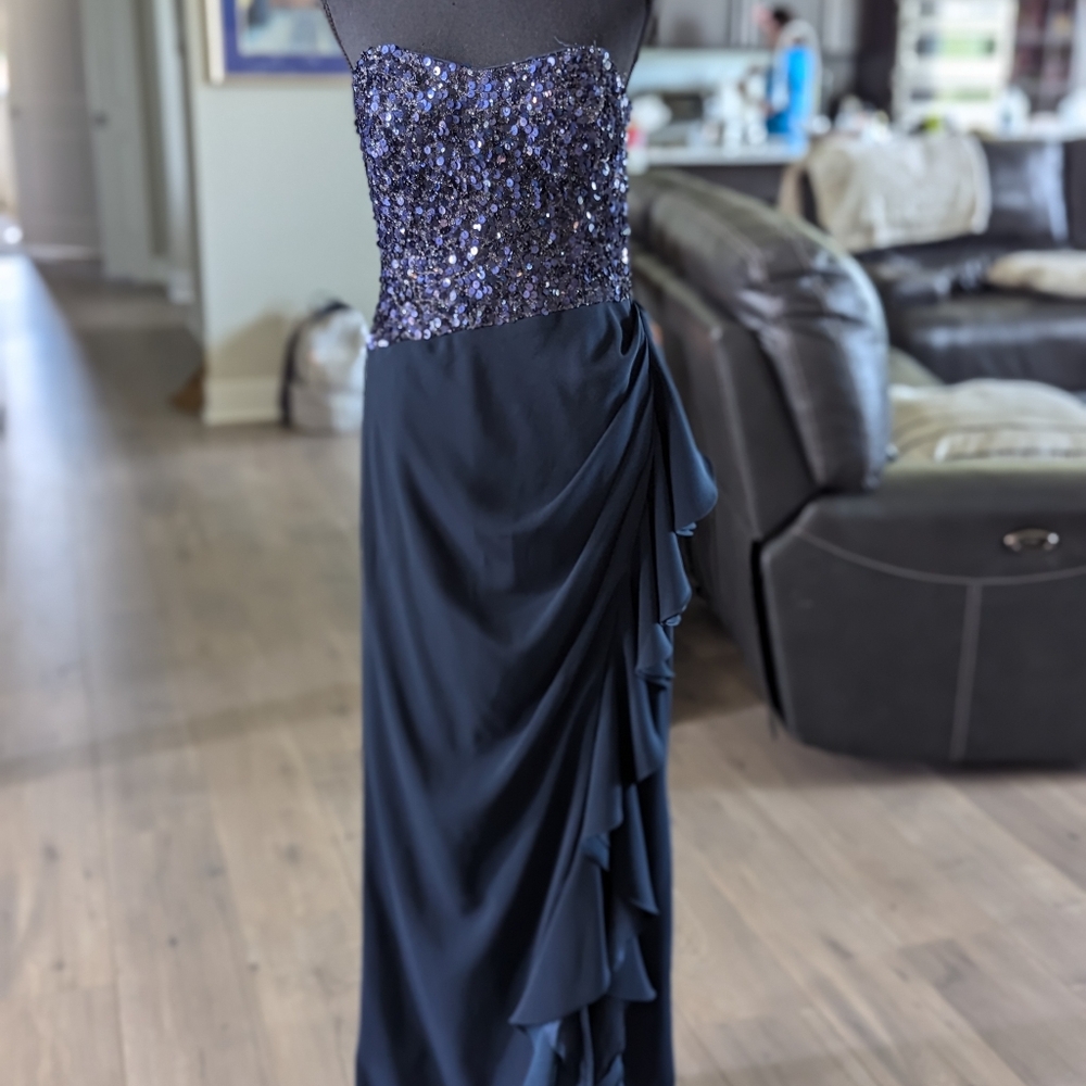 Badgley Mischka Navy Blue Strapless Sequins Ruffle Long Gown Dress Size 12 - Picture 2 of 16